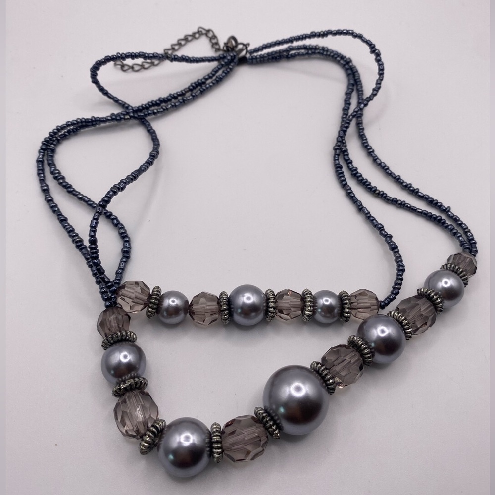 Double Strand Talbots Silver Tone Bib Necklace with Beaded Blue Chain